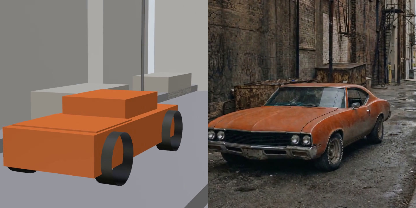 The same frame twice: gray 3D blockout on the left, photoreal render on the right