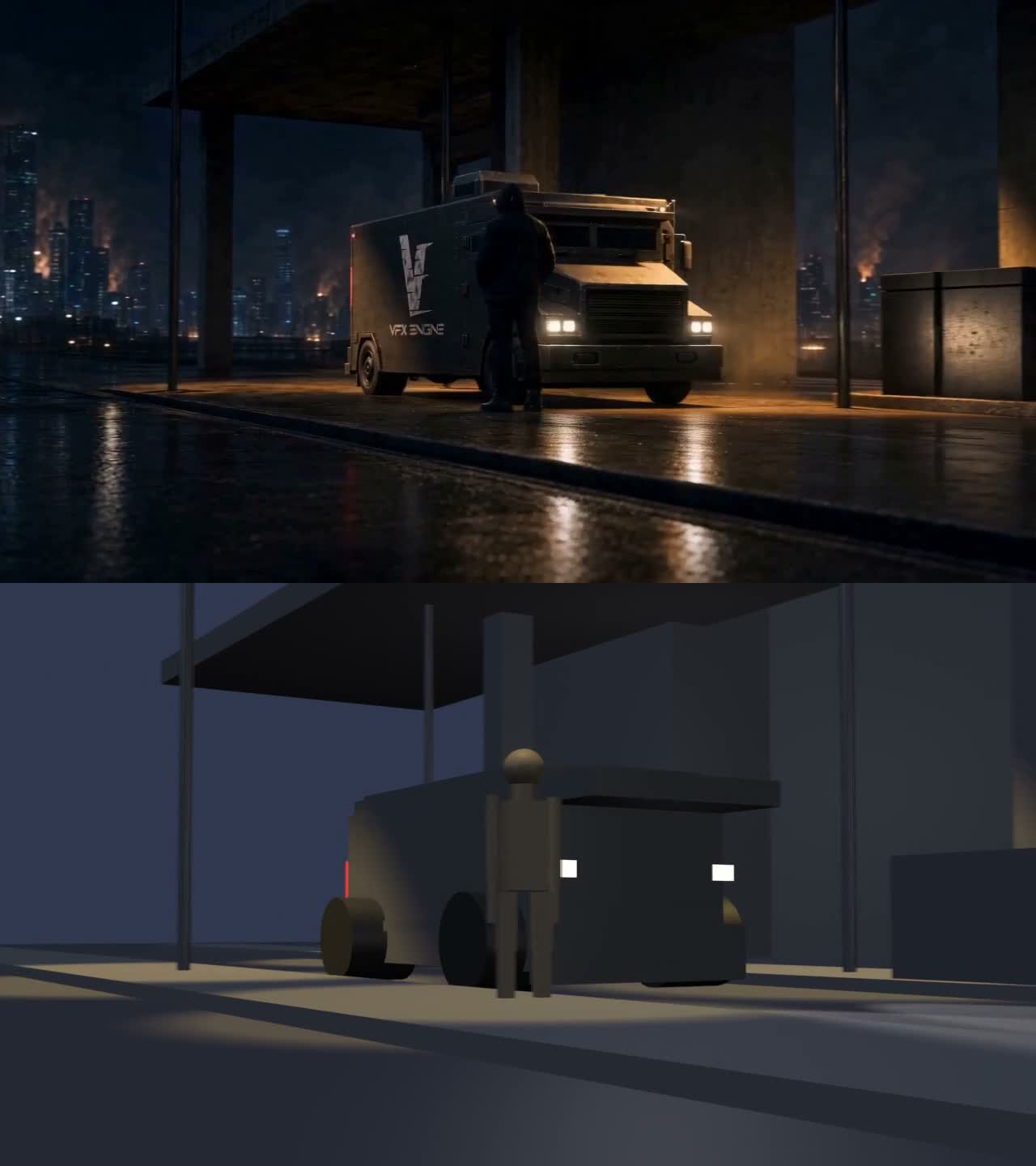 The same frame twice: gray 3D blockout on the bottom, AI repaint on top