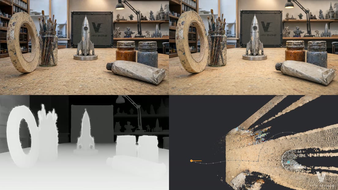 The pipeline in one frame: the finished shot top left, the raw gaussian splat top right, the depth driving video bottom left, and the camera path from above bottom right.