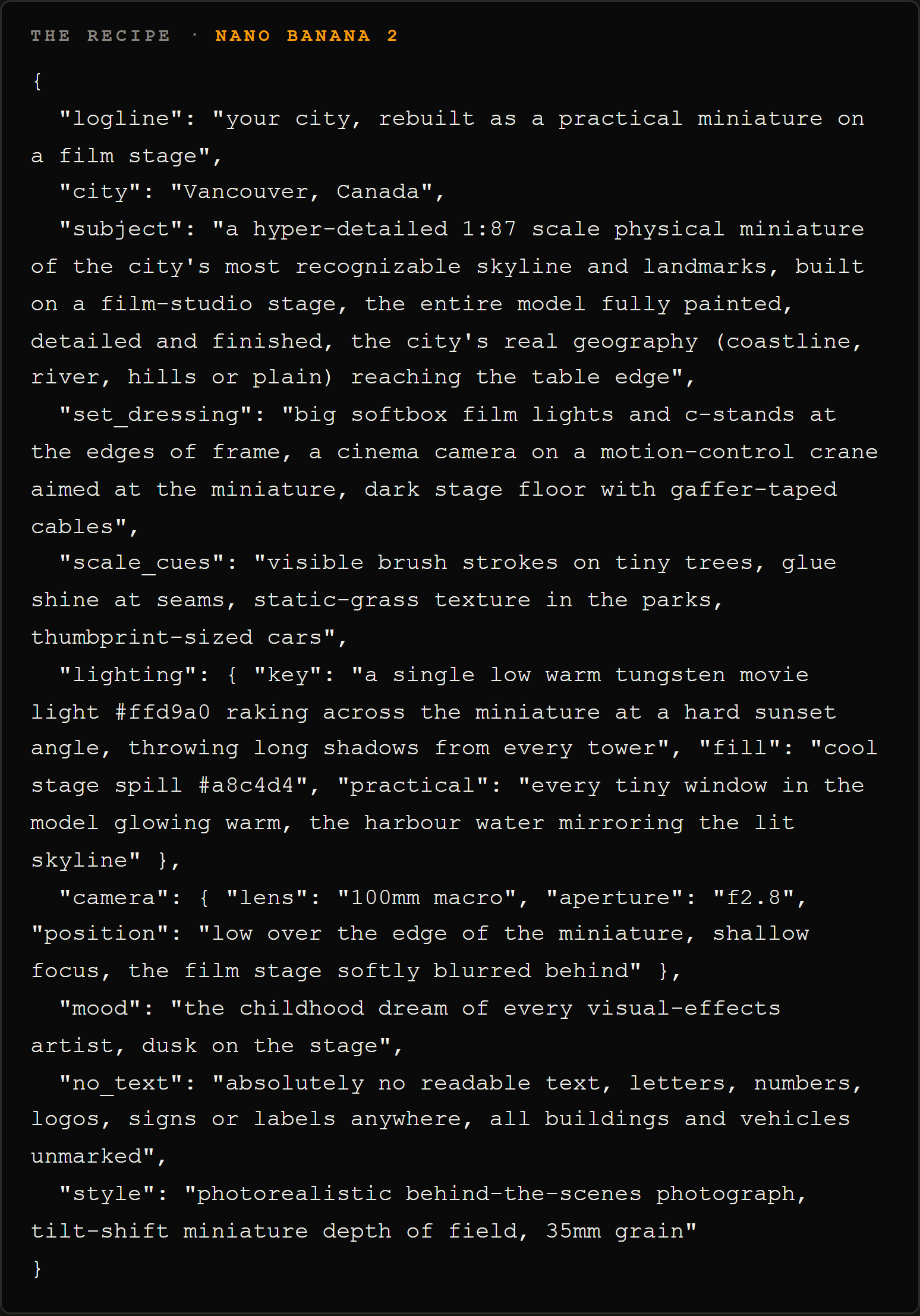 The recipe, Nano Banana 2, as structured JSON