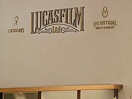 The Lucasfilm and Industrial Light & Magic signage in the Presidio foyer