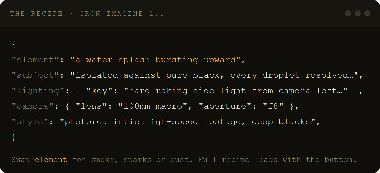 The recipe, Grok Imagine 1.5, as structured JSON