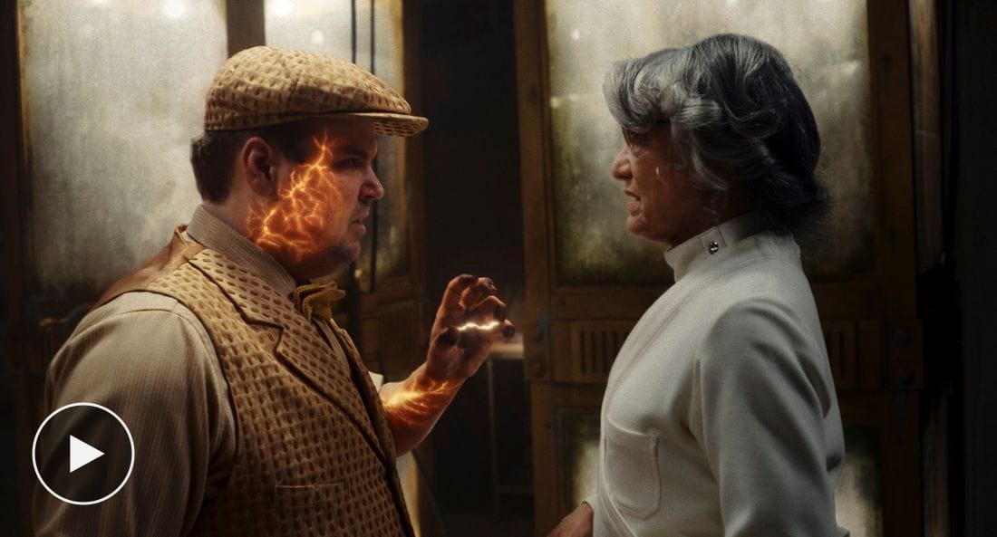 A finished Spider-Noir shot: an energy effect arcing across a man's face and hand