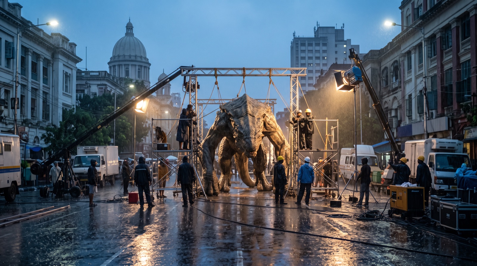 Kolkata at blue hour: a full-scale practical creature in its scaffolding on a rain-slicked street, rigged under film cranes. Made on VFX Engine with Nano Banana 2.