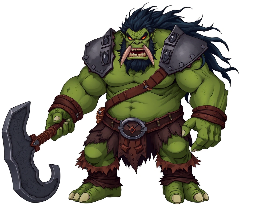 Anime-style ogre warrior, full-body from head to toe, centered composition, transparent background, no environment, towe