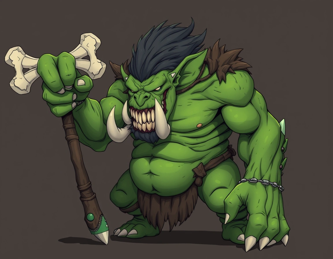 A 8 feet green ogre with medium sized tusks, with a bone club in it's hand, anime style, high quality