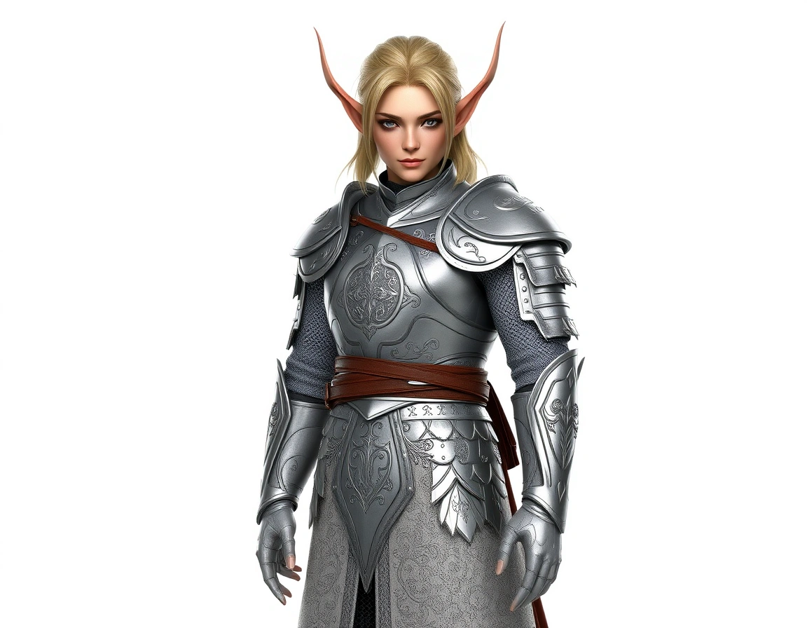 3D semi-realistic elven warrior character, full-body from head to toe, strict T-pose , centered composition, plain whit