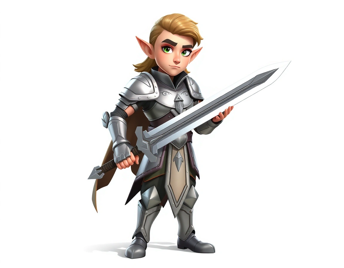 3D stylized elven warrior, full-body from head to toe, centered composition, plain white background, no environment, ele