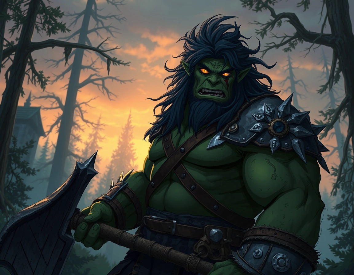 Anime-style ogre warrior, towering and muscular, rough green skin with scars, glowing amber eyes, long messy dark hair,